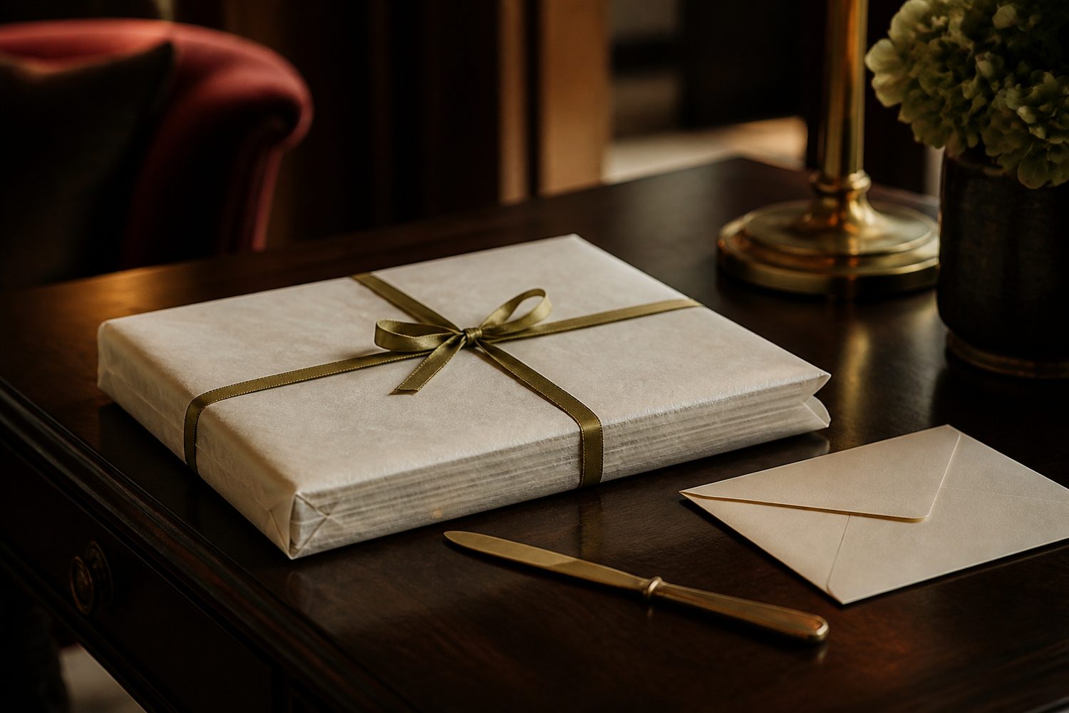 A magazine wrapped in ivory tissue and tied with a brass ribbon on a hall table